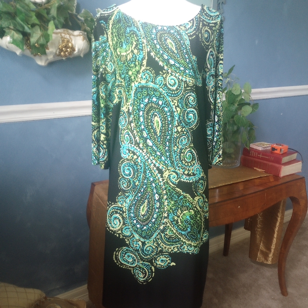 Robbie Bee Black and Green Paisley Dress